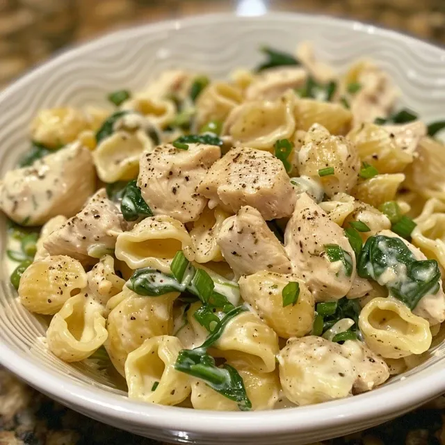 Juicy chicken pieces and fresh spinach mixed with creamy pasta, captured side view.