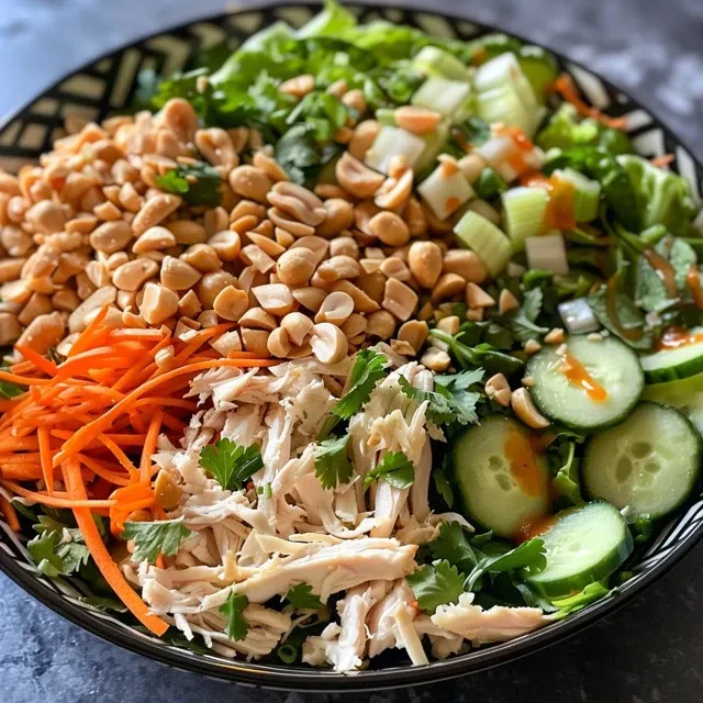 Side view of a vibrant Thai Chicken Salad featuring shredded chicken and nuts.