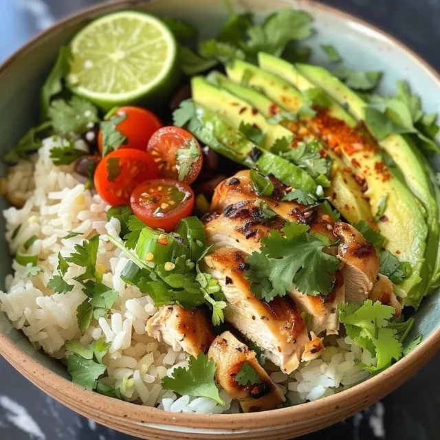 Side view of a delicious rice bowl featuring chicken, avocado slices, and garnishes.