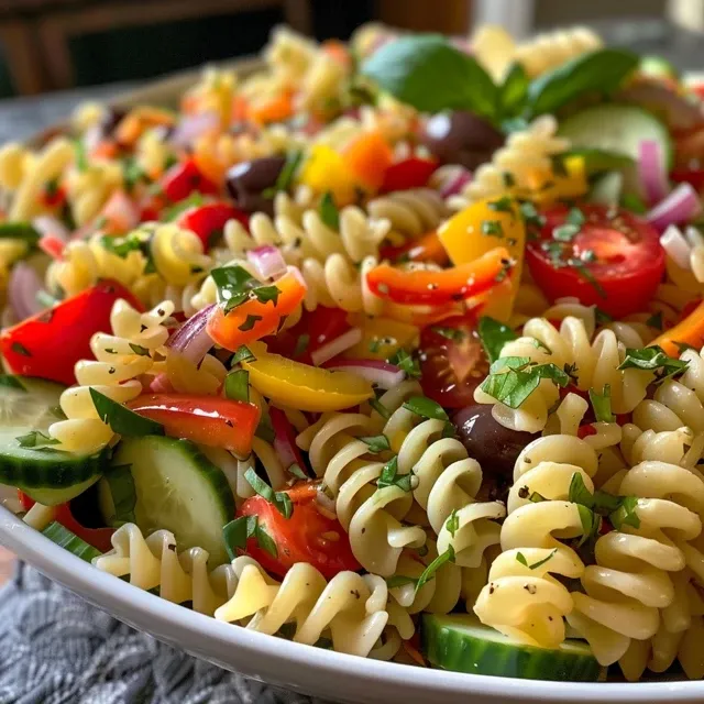 Close-up view of a fresh Garden Pasta Salad with rotini pasta, cherry tomatoes, and diced cucumbers.