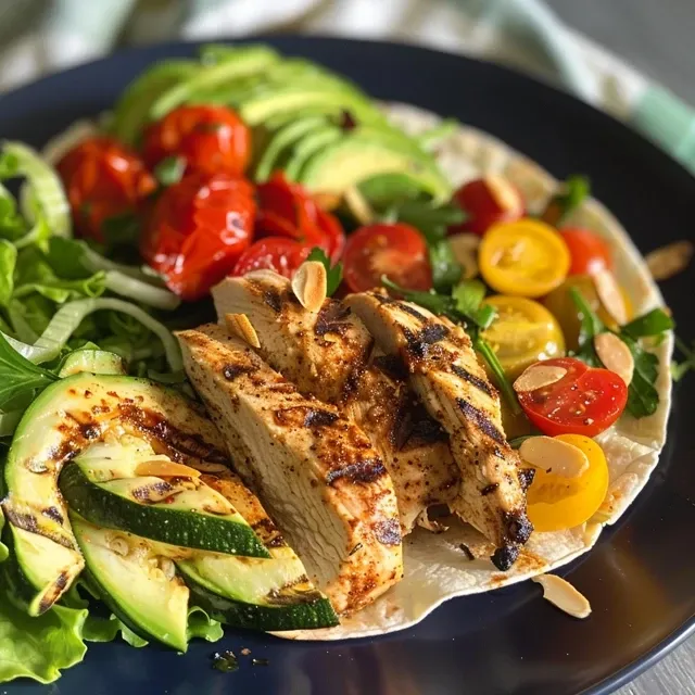 Side angle of a grilled chicken wrap showcasing vibrant ingredients and textures.