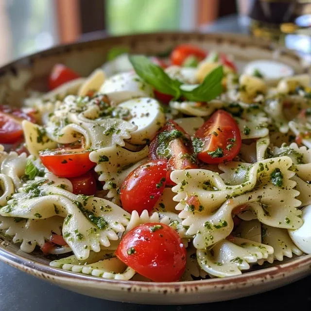A vibrant pasta salad with farfalle, cherry tomatoes, mozzarella, and pesto showcased in a side view close-up.