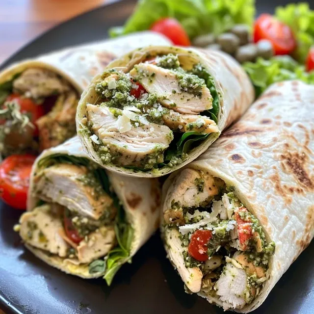 Close-up view of Chicken Pesto Wraps with vibrant lettuce and cherry tomatoes, showcasing fresh ingredients.