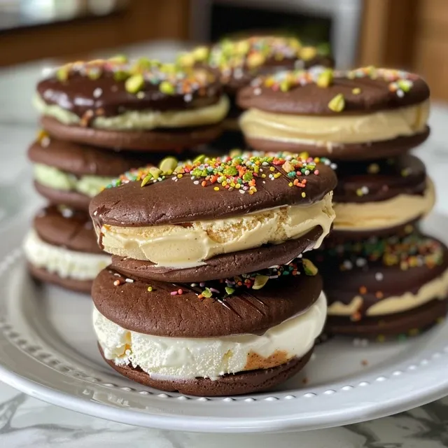 Side view of colorful mini ice cream cookie sandwiches arranged attractively.