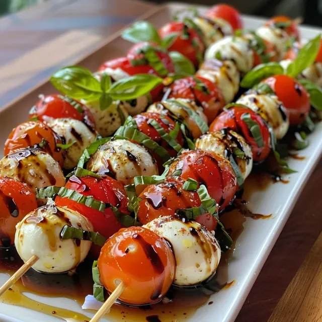 Side view of Caprese skewers drizzled with balsamic glaze and olive oil.