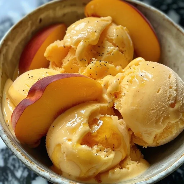 Side view of creamy Peach Frozen Yogurt, showcasing its smooth texture and vibrant peach color.