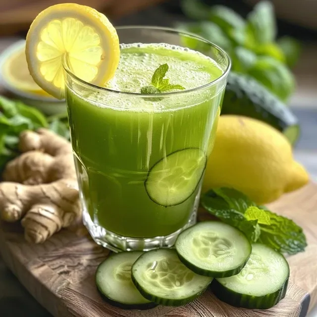 Close-up of a vibrant cucumber detox drink with slices of lemon and ginger, placed on a wooden table.