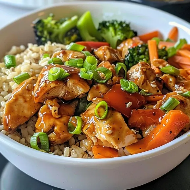 Juicy chicken breast and mixed vegetables served over brown rice in a bowl.