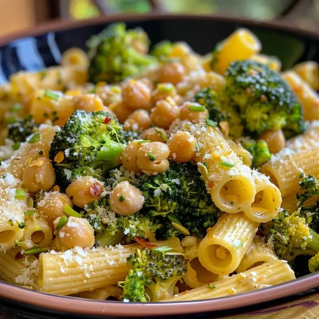 Side angle photo of a creamy Lemon Garlic Pasta topped with vegan Parmesan and chili flakes.