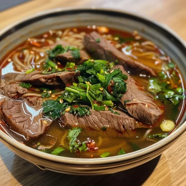 Side view of succulent Knife-Cut Noodles drizzled with chili oil and garlic.