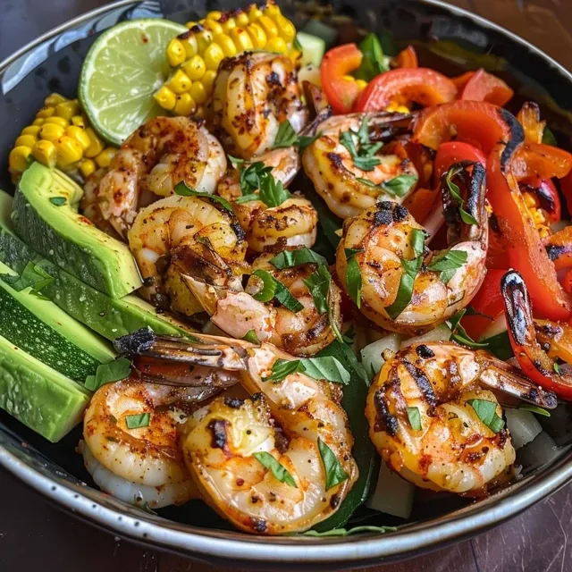 Juicy grilled shrimp bowl from the side, showcasing avocados, corn, and a barbecue glaze.