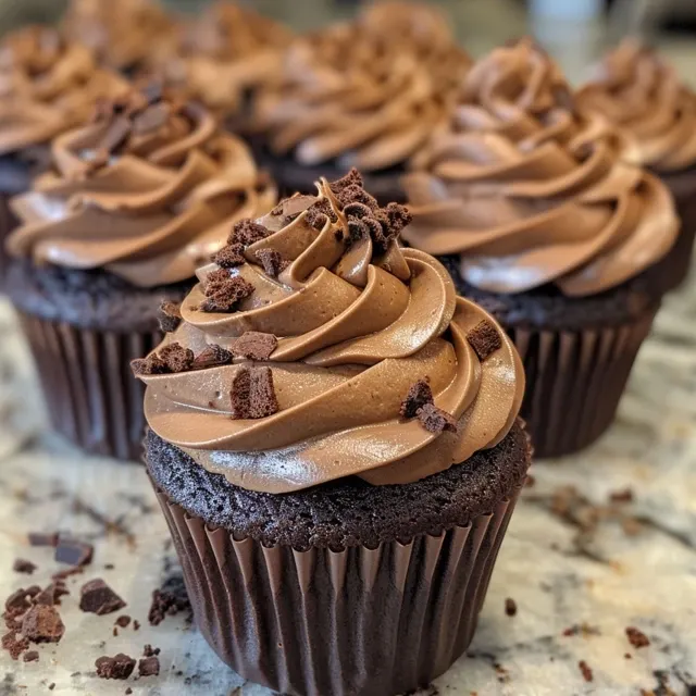 Side view of decadent chocolate cupcakes topped with a creamy chocolate frosting.