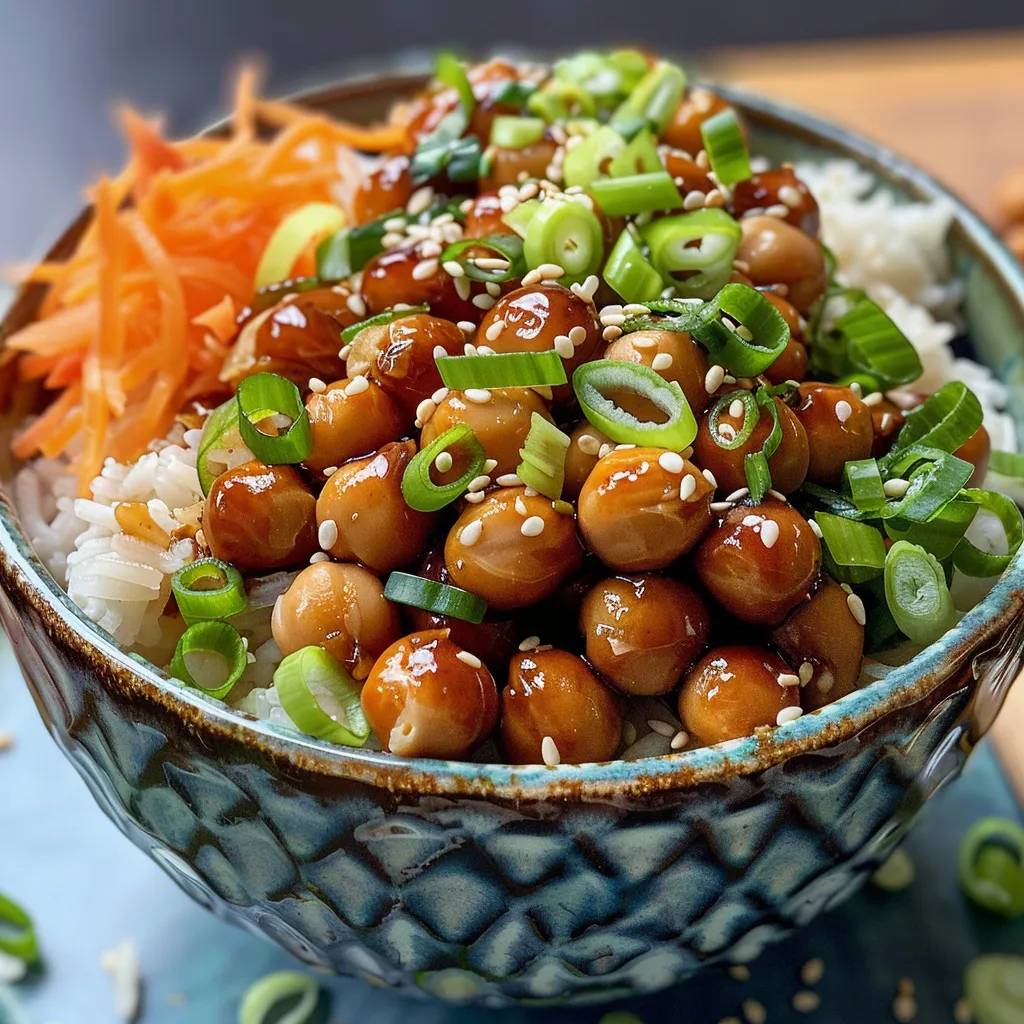 Side view of a delicious teriyaki chickpea rice bowl with colorful toppings on a wooden table.