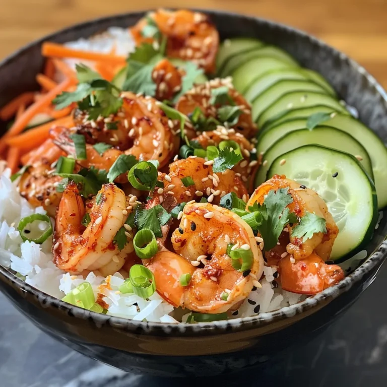 Close-up view of a colorful shrimp bowl topped with fresh vegetables.