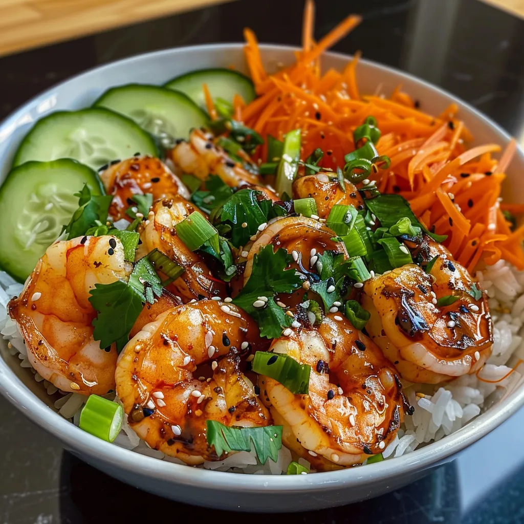 Juicy shrimp bowl featuring jasmine rice and vibrant toppings.