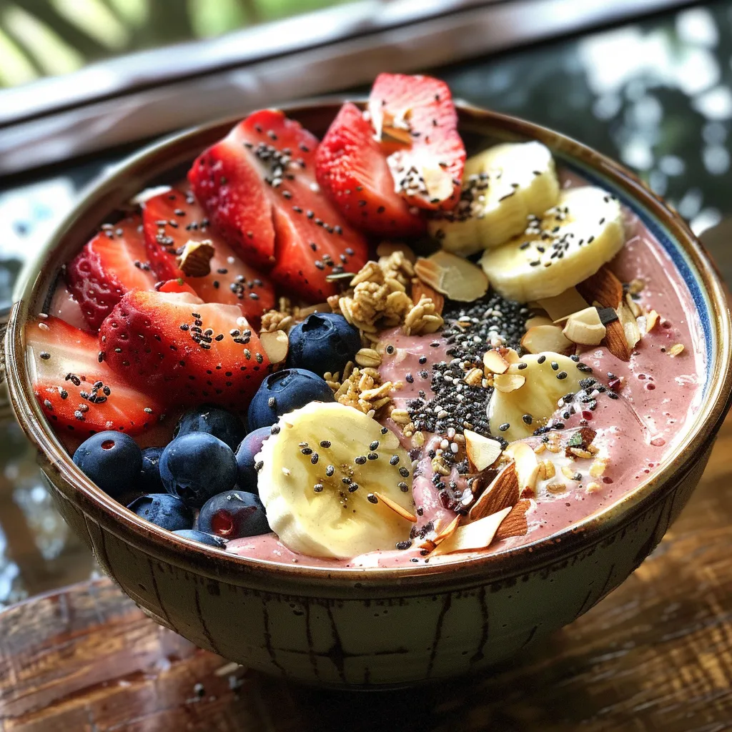 Close up of a vibrant smoothie bowl with Greek yogurt and a variety of toppings.