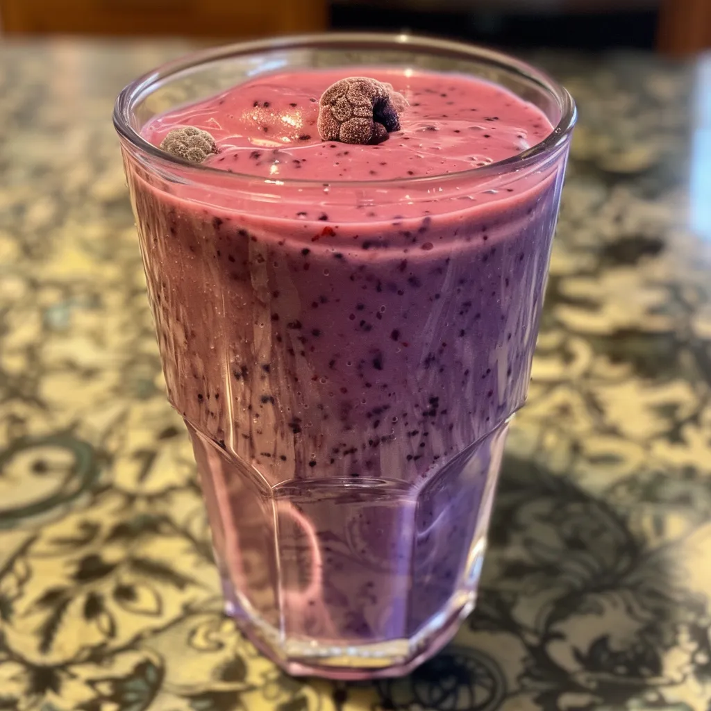 Brightly colored smoothie featuring blueberries, strawberries, and a banana.