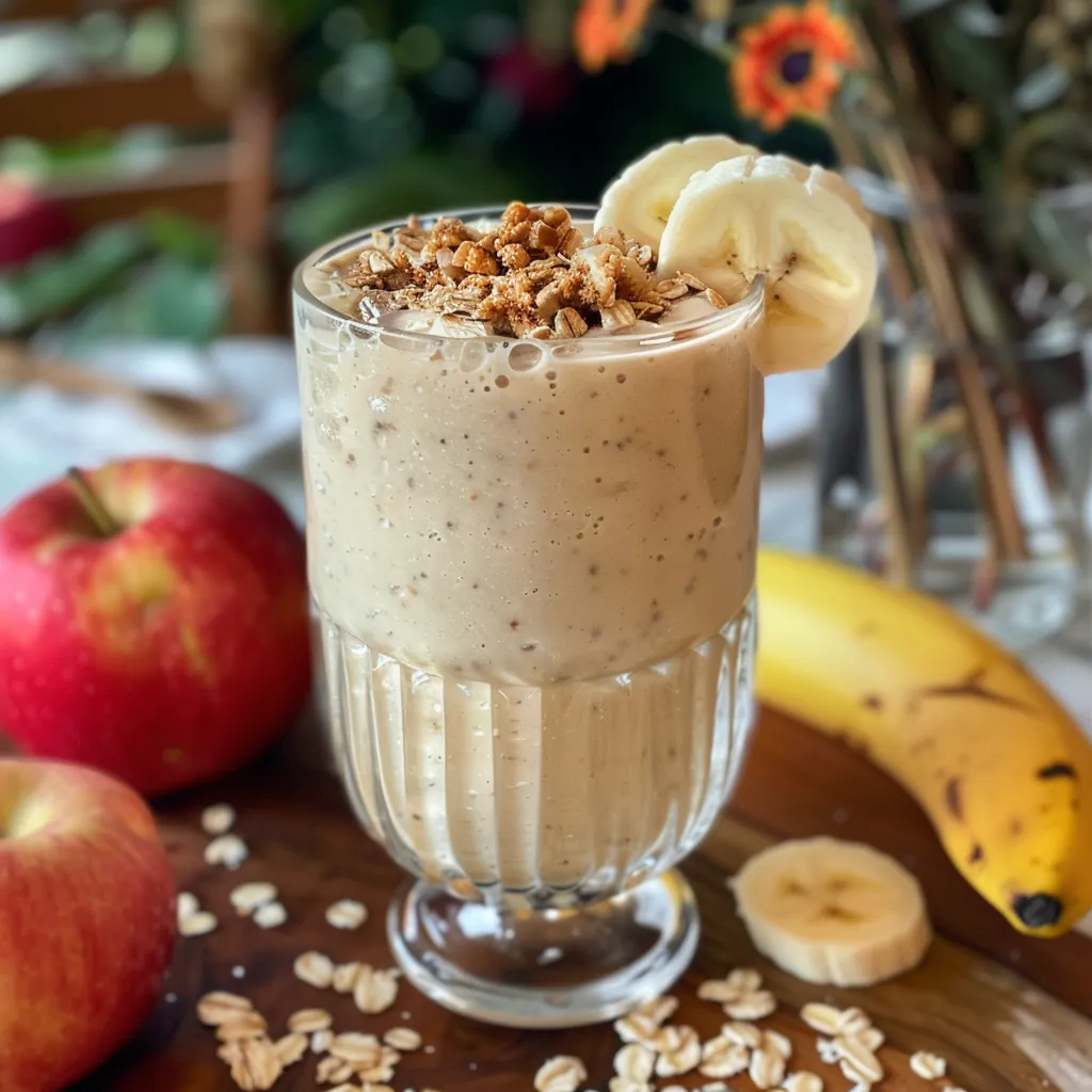 An iPhone 15 Pro capture of a delicious smoothie made from apple, banana, and oats, showcasing a thick texture.