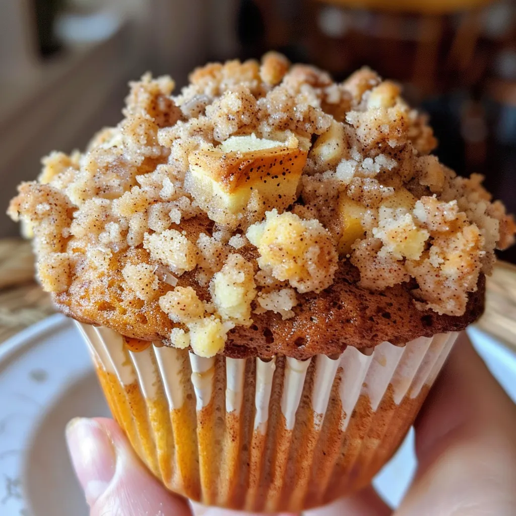 Juicy apple cinnamon muffins displayed with a crumbly streusel topping, highlighting their texture.