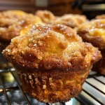Close-up view of a freshly baked Apple Fritter Muffin with a golden-brown top and visible apple chunks.