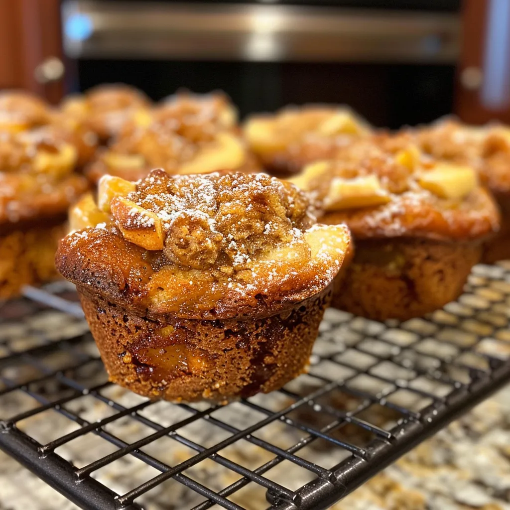 Side view of a warm Apple Fritter Muffin, showcasing its fluffy texture and cinnamon specks.