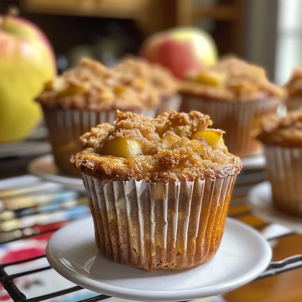Juicy apple muffins displayed from the side, showcasing chunks of apples in the batter.
