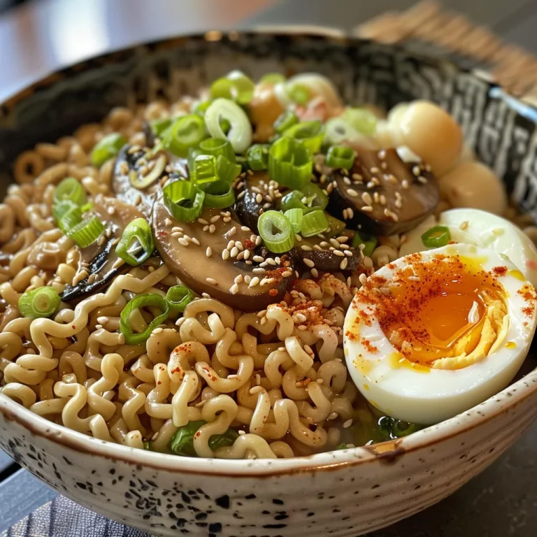A close-up view of steaming Asian mushroom ramen noodles with mushrooms and green onions.