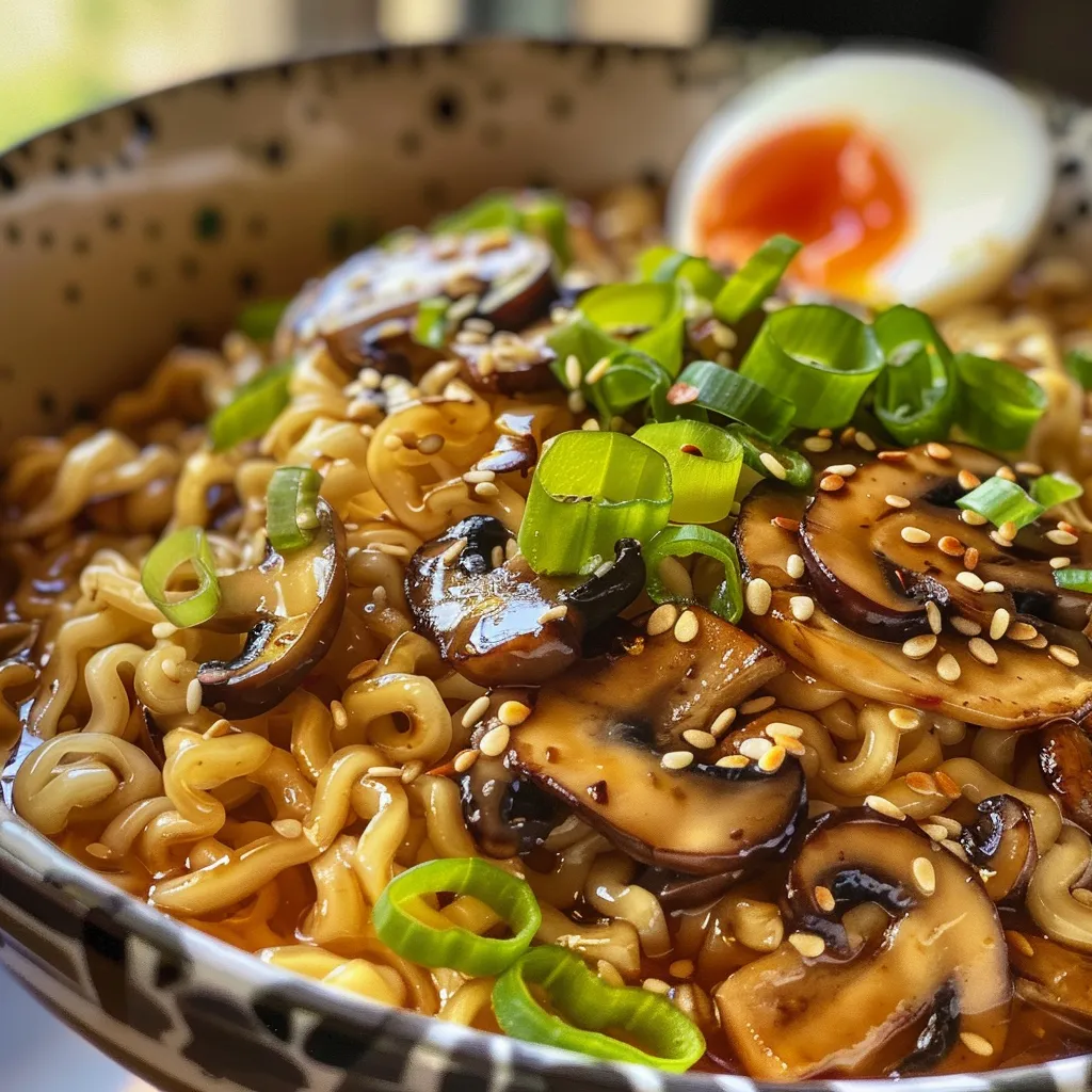 A side perspective photo of ramen noodles topped with mixed mushrooms and a boiled egg.