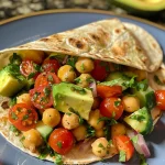 Close-up view of a colorful avocado chickpea salad wrap filled with fresh ingredients.