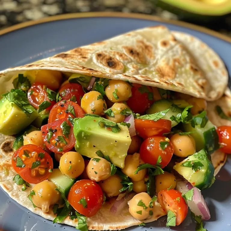 Close-up view of a colorful avocado chickpea salad wrap filled with fresh ingredients.