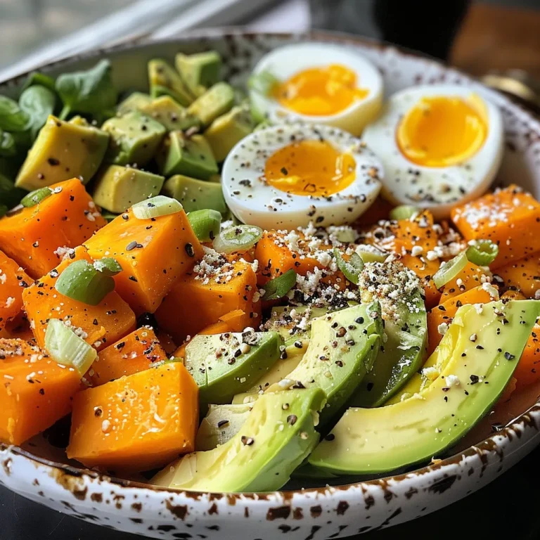 A colorful bowl featuring sliced avocado, hard-boiled eggs, and roasted sweet potato cubes.