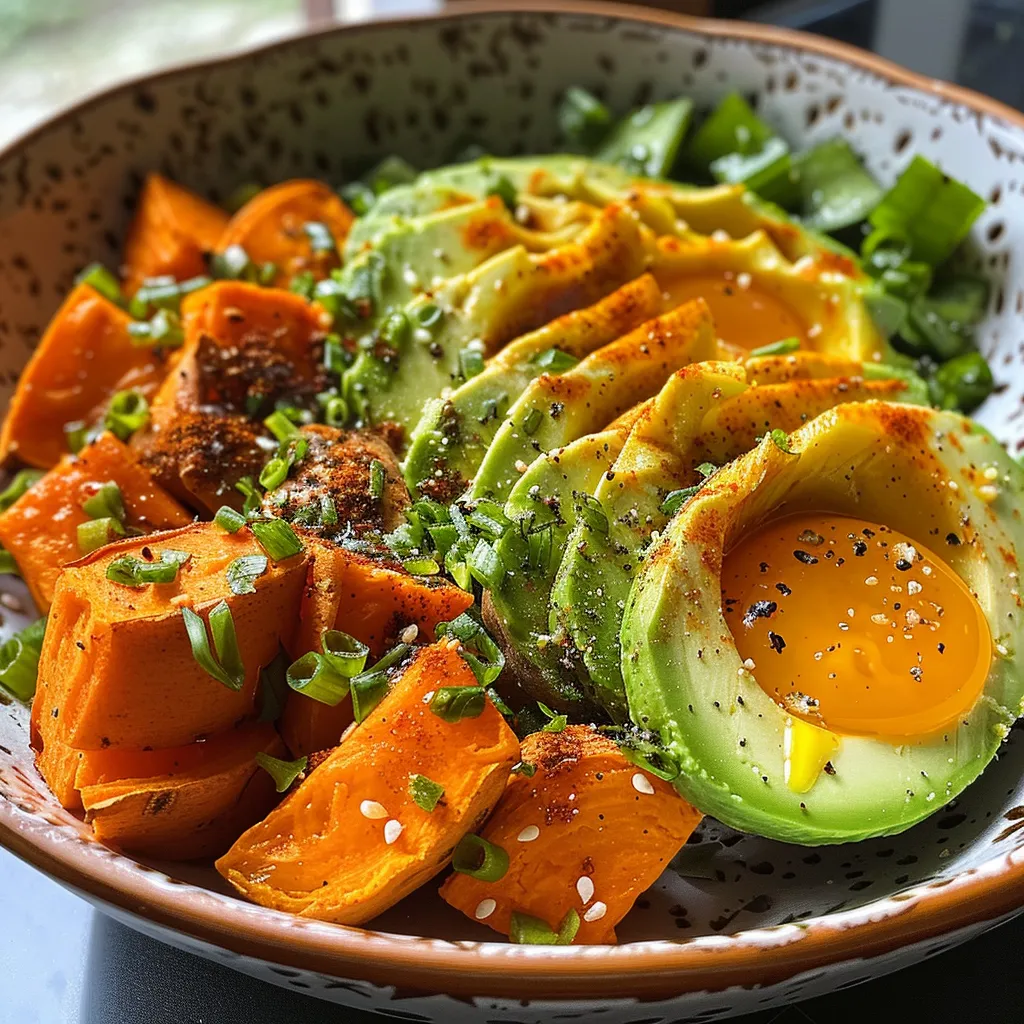 A close-up view of a vibrant avocado, egg, and sweet potato bowl with fresh ingredients.