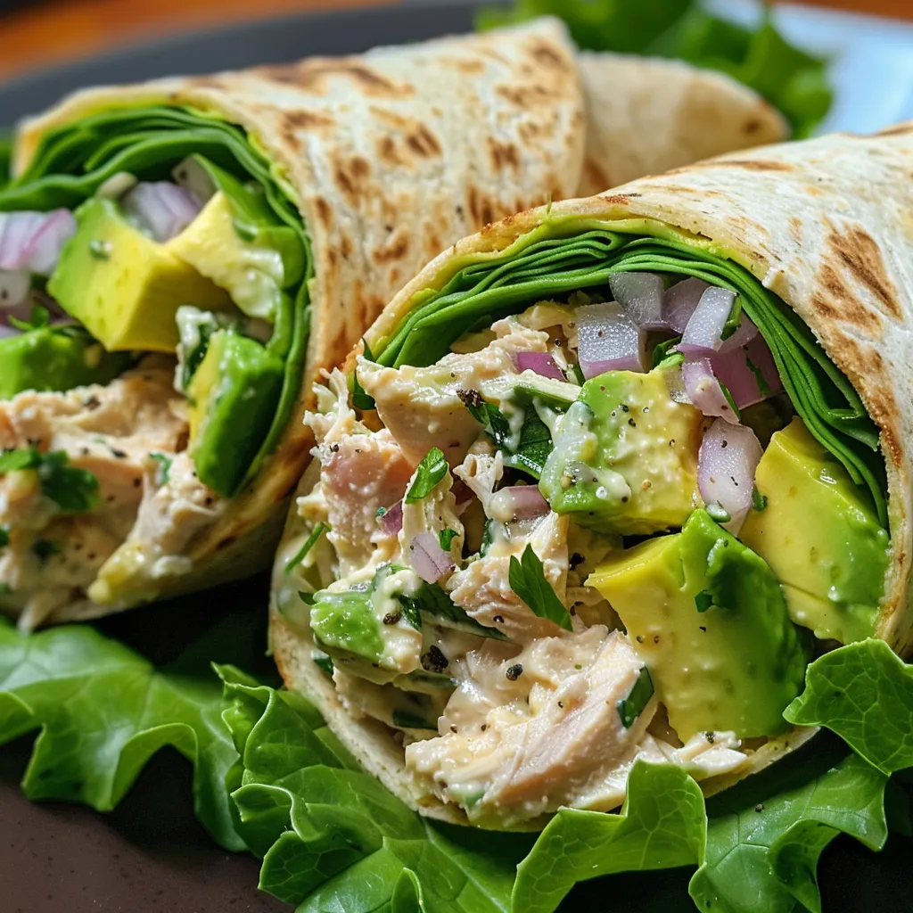 A juicy avocado tuna salad wrap showcasing fresh greens and colorful vegetables.