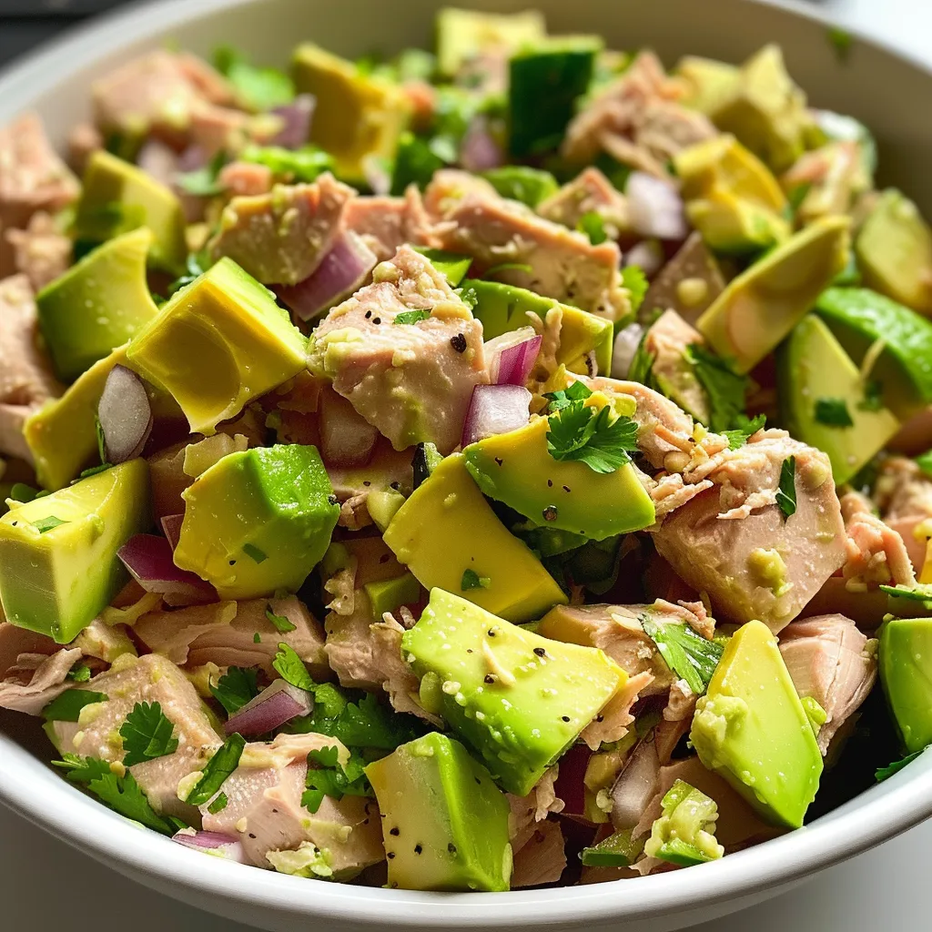 Side perspective of a colorful avocado tuna salad featuring cucumber and red onion.