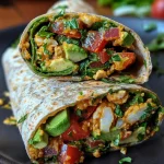 Close-up view of a colorful avocado veggie wrap, showcasing fresh vegetables and avocado.