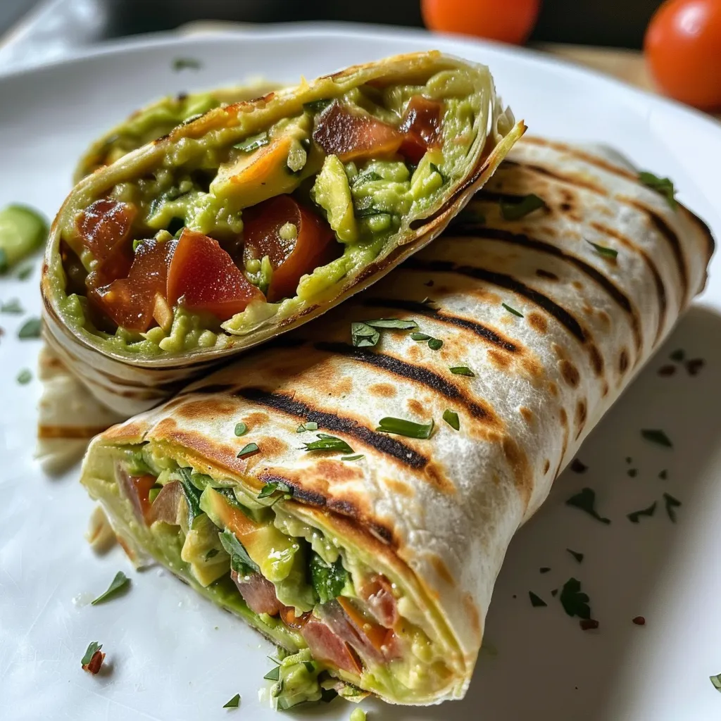 A close-up of a delicious avocado wrap showcasing avocado, tomato, and herbs.