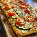 Side view of a golden-brown baked vegetable flatbread topped with diced cherry tomatoes and grated zucchini.