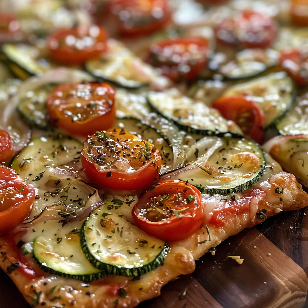 Close-up shot of a freshly baked flatbread featuring a colorful mix of vegetables, including onion and potato.