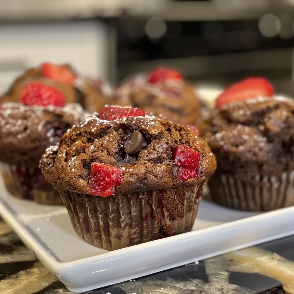 Juicy bakery-style muffins with chunks of strawberries and chocolate chips, served on a plate.