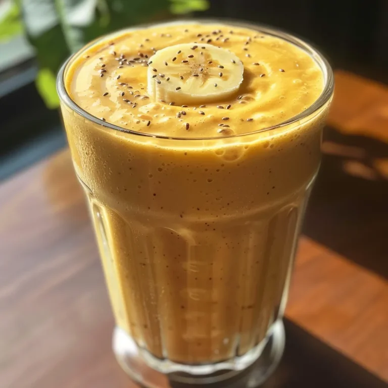 The Ultimate Refreshing Banana Peach Smoothie for Every Season A creamy Banana Peach Smoothie in a glass with fruit garnishes.