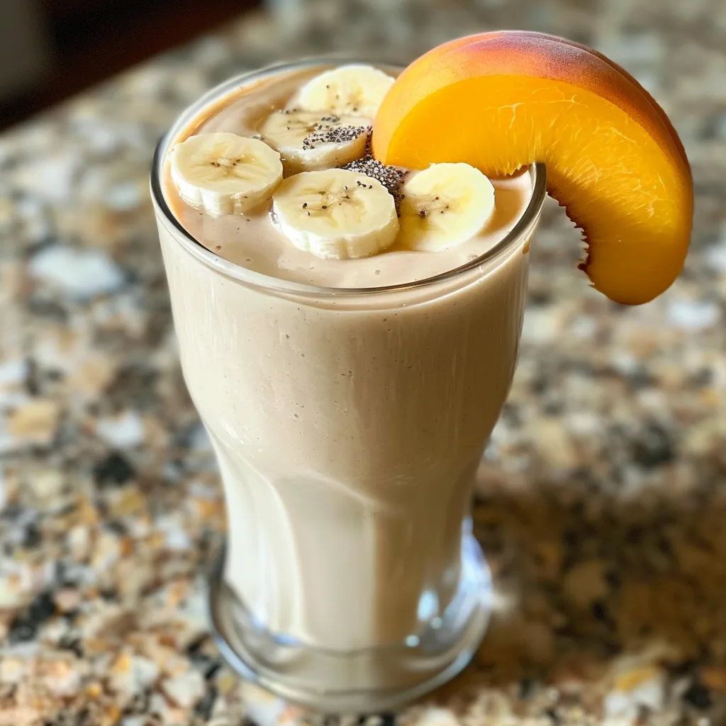 Close-up view of a vibrant Banana Peach Smoothie next to fresh peaches.