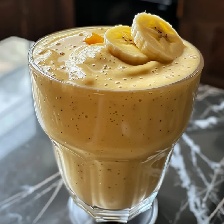 A Refreshing Twist Whip Up This Banana Peach Smoothie in Minutes A close-up photo of a creamy banana peach smoothie in a glass.