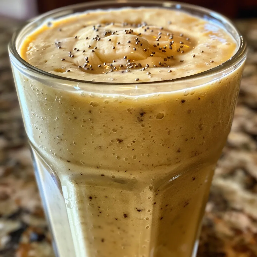 Side view of a refreshing banana peach smoothie topped with slices of peach.