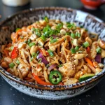 Close-up of Bang Bang Noodles with Chicken, showcasing vibrant vegetables and rich sauce.