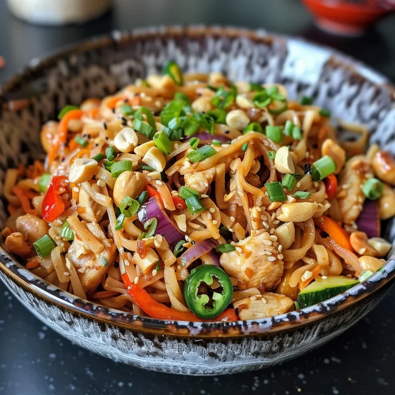 Close-up of Bang Bang Noodles with Chicken, showcasing vibrant vegetables and rich sauce.