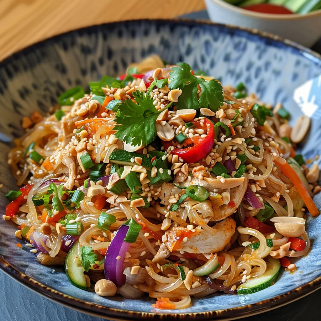 Juicy chicken and colorful vegetables on brown rice noodles in a delightful presentation.