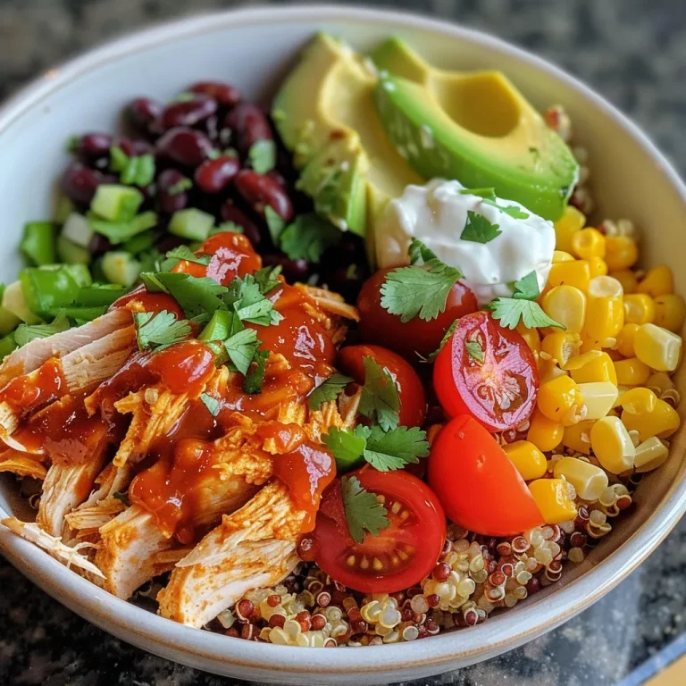 Effortless Barbecue Chicken Quinoa Bowls for Busy Weeknights A colorful bowl of Barbecue Chicken Quinoa featuring layers of quinoa, shredded chicken, black beans, corn, and fresh vegetables.