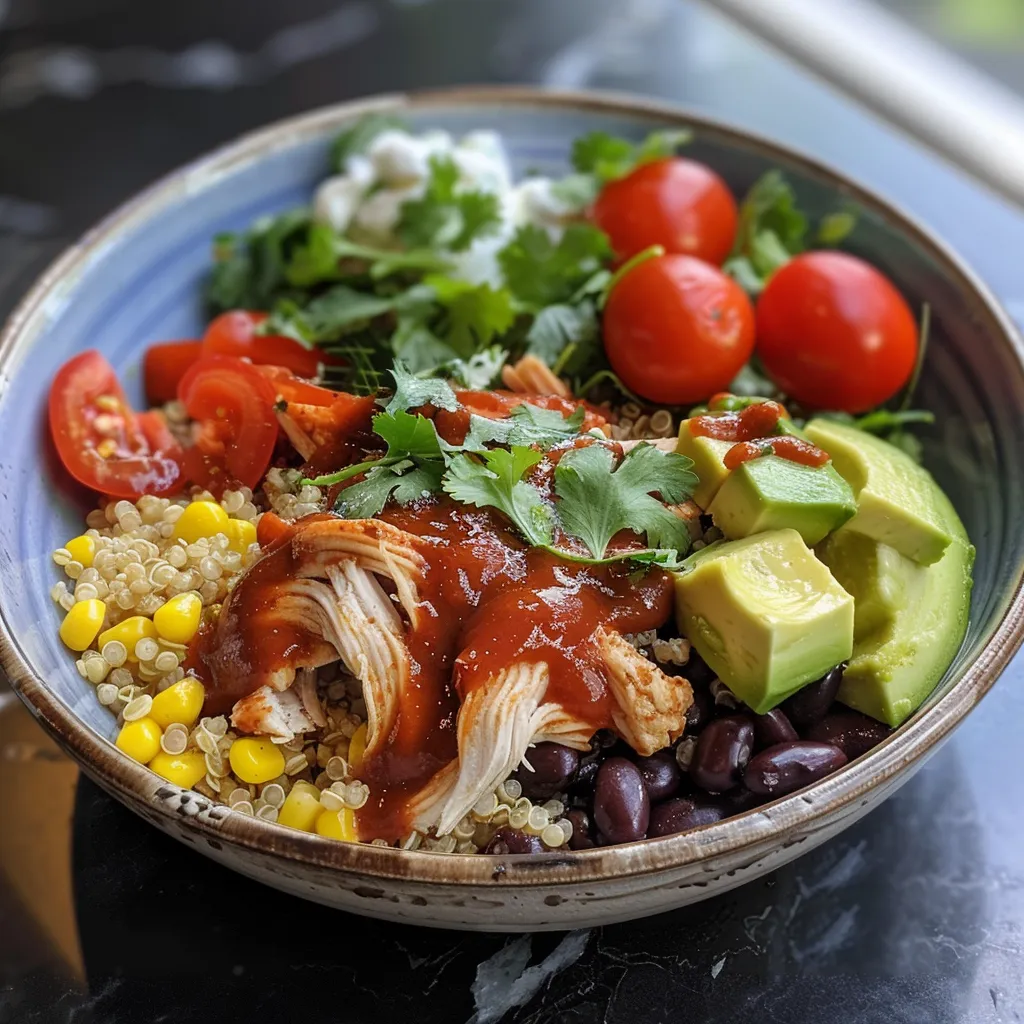 Close-up view of a vibrant Barbecue Chicken Quinoa Bowl with ingredients such as avocados, cherry tomatoes, and Greek yogurt.