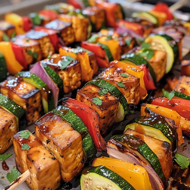 Skewering Together Flavor and Fun Easy Barbecue Tofu Veggie Skewers Close-up view of colorful barbecue tofu veggie skewers on a wooden surface.