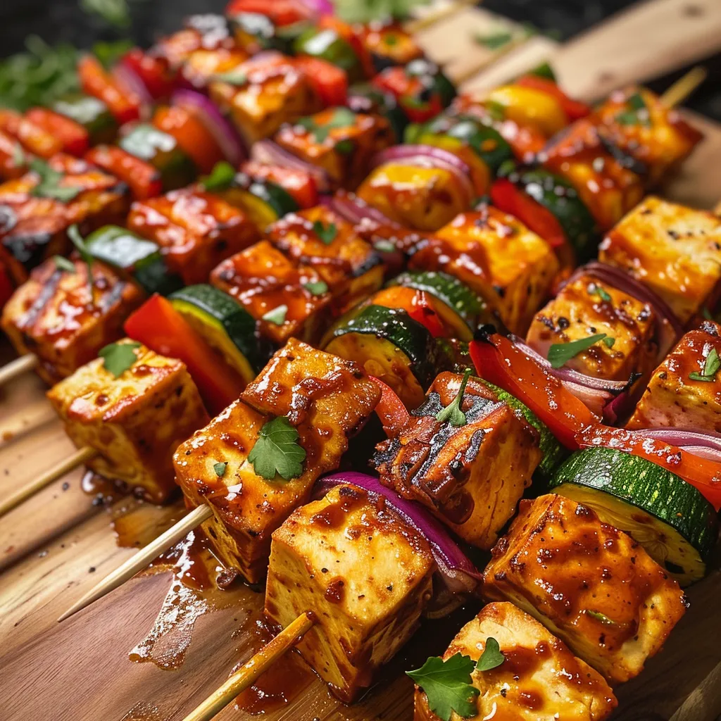 Juicy barbecue tofu and assorted vegetables skewered together, showcasing vibrant colors.